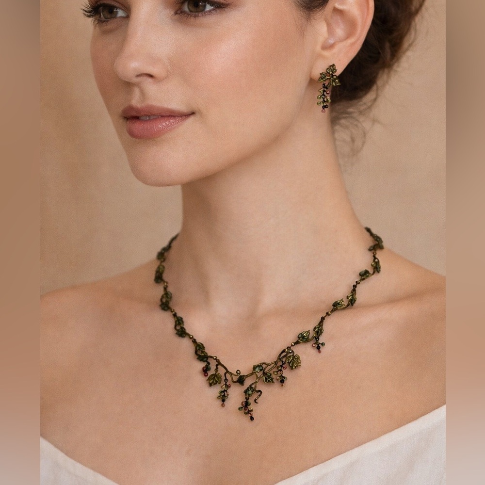 Michael Michaud Bronze Jewelry Grapevine Vineyard Necklace & Earrings Set